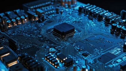 AI circuit board in close-up, glowing blue lines, no text.