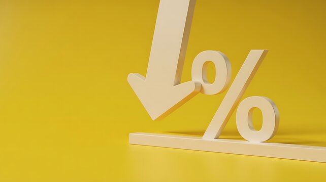 Percentage Drop Concept Illustrating Decrease In Interest Rates Or Inflation With White Downward Arrow On Yellow Background Representing Financial Downturn