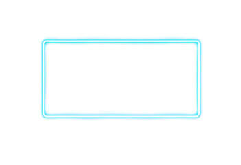 blue neon rectangle glowing frame on white background with empty copy space

