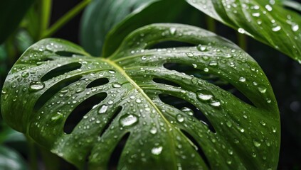 Close-up of monstera leaf with water droplets, clean and focused.