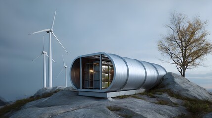 Obraz premium Discover Renewable Micro-Turbine Battery Module Housed Within Compact Unit Delivering Sustainable Power for Remote Installations