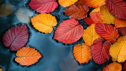 A vibrant display of colorful autumn leaves floating on the surface of a clear pond, creating a natural mosaic of warm hues and reflections