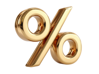 Gold percent symbol for financial growth and savings, cut out