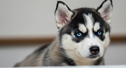 Obraz premium 澄んだ瞳のハスキー犬子犬 優しい光の中で輝く毛並. AI Generated