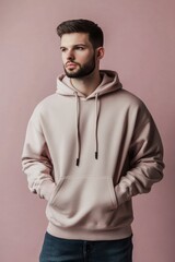 Obraz premium Young Man in Light Pink Hoodie Standing Against Soft Pink Background