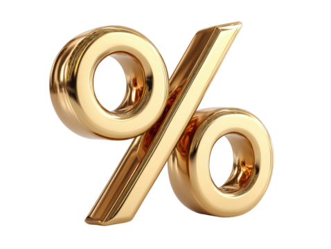 Gold percent symbol for financial growth and savings, cut out