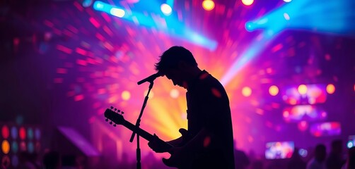 Silhouetted guitarist amidst swirling festival lights, double exposure, overlay, design