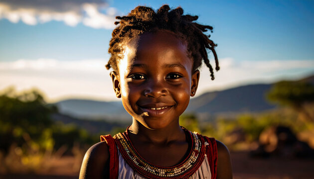jolie petite fille africaine au doux regard et beau sourire, jolie robe, fond flou