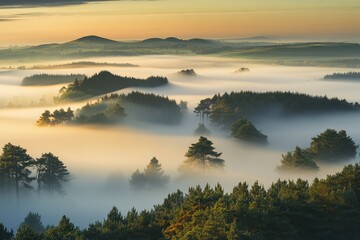 Misty Morning Sunrise over Rolling Hills and Forests: A Breathtaking Landscape Panorama