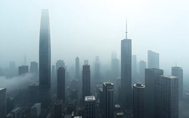 Grey Foggy Metropolis: Dense Cityscape with Modern Skyscrapers. High quality