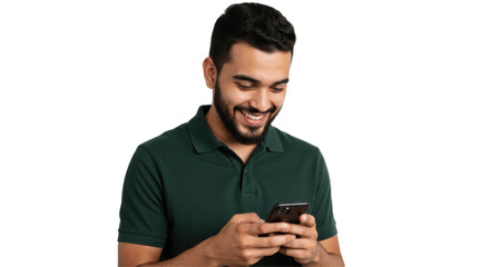 Smiling Man Using Smartphone, Isolated on Transparent PNG Background