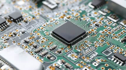 Close-Up of Solder Flux Residue on PCB Front Illustrating Electronic Assembly Process and Component Bonding