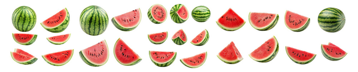 Fresh Watermelon Slices and Whole Fruit on a Transparent Background, Isolated on Transparent, white background