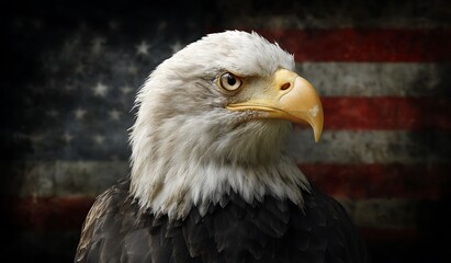 Obraz premium Majestic Bald Eagle Portrait against American Flag Background