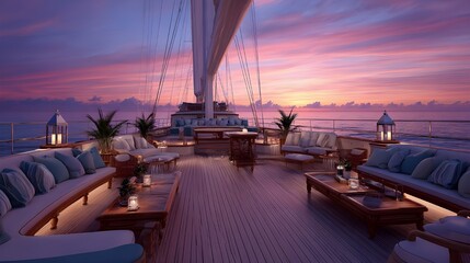 Fototapeta premium Luxury Yacht Deck at Sunrise on Open Ocean with Panoramic Sea Views and Comfort Amenities