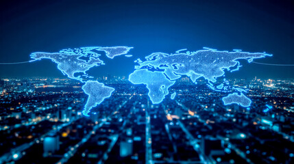 Glowing futuristic global map over modern city skyline at night shows international communication, data exchange, digital progress, connection and urban development