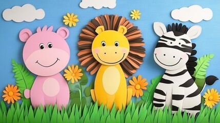 Obraz premium Colorful Cartoon Animals in a Playful Nature Background