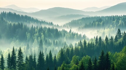 Obraz premium Misty Mountain Forest Panorama: Serene Sunrise Over Evergreen Hills