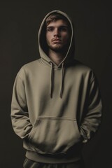 Obraz premium Male Model Wearing Khaki Hoodie with Neutral Background