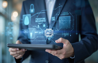 Businessman using digital tablet with artificial intelligence icon and hologram interface for data processing technology innovation in office background