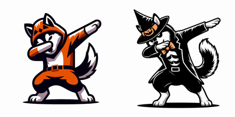 Siberian Husky Dog wear halloween costume and pose dabbing. Merry Christmas Cartoon clipart vector draw Holiday Decoration. .