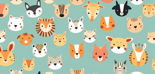 Seamless playful animal faces pattern in Scandinavian style, ideal for kids' textiles,  seamless pattern, faces