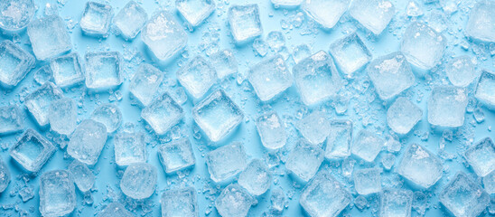 Cooling background banner with ice cubes on blue textured surface, refreshing summer drink concept, frozen water, chilled beverage, icy freshness, frozen cubes