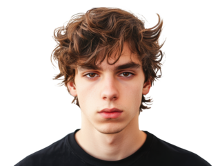Teen boy with tousled hair in casual black t-shirt