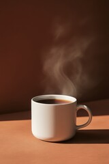 White Coffee Mug Filling the Frame with Steam Against a Brown Background