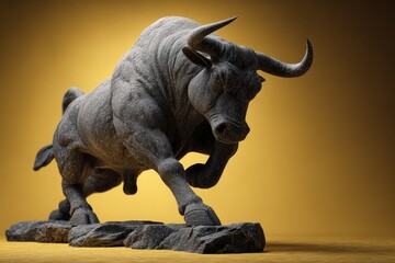 Fototapeta premium Powerful bull sculpture against a warm backdrop.