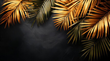 Palm Tree Leaves. Gold and Black Tropical Leaves on a Black Background. Luxury Abstract Botanical Background	