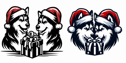 Siberian Husky Dog Couple wear santa hat planning a surprise for each other. Merry Christmas Cartoon clipart vector draw Holiday Decoration. .