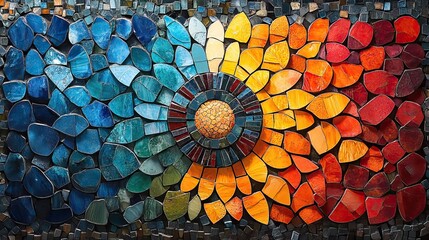 A vibrant mosaic pattern composed of small, colorful tiles, creating an intricate and visually appealing design The details are precise and the colors are rich