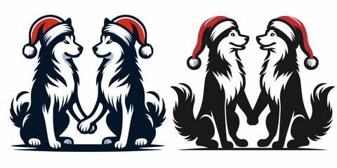 Siberian Husky Dog Couple wear santa hat holding hands. Merry Christmas Cartoon clipart vector draw Holiday Decoration. Canine companions festive headwear gripped paw joyful winter spirit.