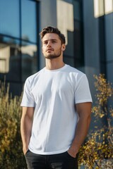 Fototapeta premium Young Man in Casual White T-Shirt Posing Outdoors with Confidence