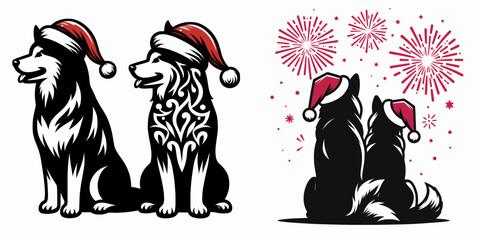 Siberian Husky Dog Couple wear santa hat getting matching tattoos. Merry Christmas Cartoon clipart vector draw Holiday Decoration. .