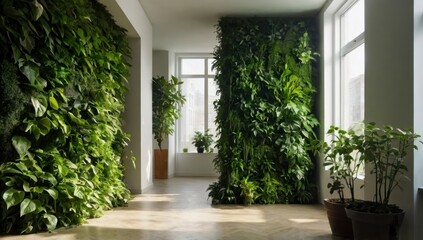 Fototapeta premium Green plant wall with natural lighting and no extra elements.