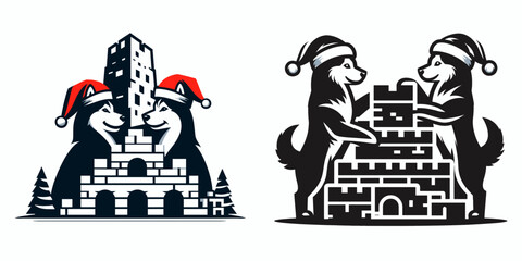 Siberian Husky Dog Couple wear santa hat building a fort together. Merry Christmas Cartoon clipart vector draw Holiday Decoration. Canine pair donned in yuletide headwear crafting shelter.