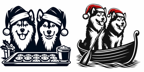 Siberian Husky Dog Couple wear santa hat baking cookies. Merry Christmas Cartoon clipart vector draw Holiday Decoration. Canine pair in father headwear crafting biscuit during season.