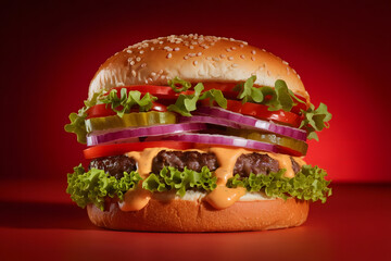 Juicy Cheeseburger with Lettuce, Tomato, Onion & Sauce &ndash; High-Res Image