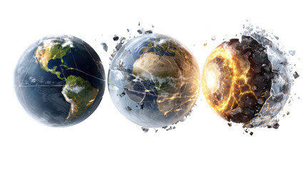 Planet Earth Destruction Stages Intact Planet to Crumbling Globe to Fiery Explosion