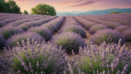 Obraz premium Lavender field in bloom with soft focus and pastel sky.