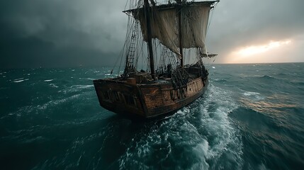 Obraz premium A weathered wooden pirate ship with torn sails bravely navigating a turbulent, dark blue sea under a dramatic, lightning-streaked sky