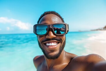 Fototapeta premium Black Man Selfie. Ecstatic African American Male Taking a Picture at the Beach