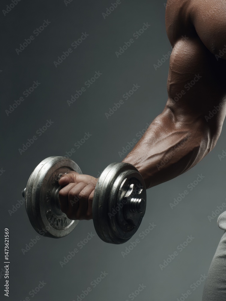 Poster Flexed Arm Showcases Strength While Lifting Dumbbell in Dynamic Spotlight Against a Neutral Background