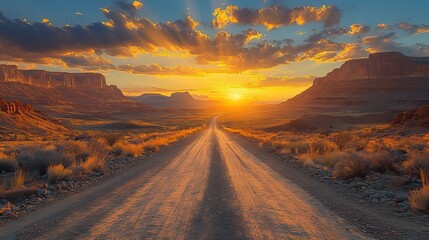 A winding dirt road stretches through a desolate, rocky desert landscape under a scorching midday sun, with distant mesas on the horizon