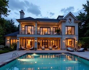 a wide view shows a two story residence with a swimming pool in the foreground