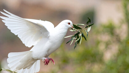 white dove gracefully flying with olive branch in its beak symbolizes peace and hope. serene background enhances uplifting emotion of this beautiful moment