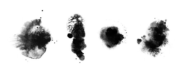 Abstract ink background set, grunge art. Black paint stroke texture on white paper in marble style. Wallpaper for web design and games. Hand drawn watercolor isolated illustration © pim