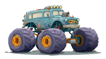 Fototapeta premium Playful cartoon monster truck with oversized wheels and vibrant colors isolated on crisp white background 